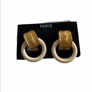 Vintage Signed Carita Paris Clip on Gold and Cream Hoop Earrings